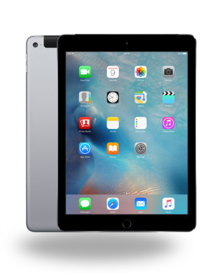 Apple iPad shown from front and back in silver, with Apple logo at top left, KOPA UK Seller badge at top right, refurbished grade C icon at bottom left, warranty badge at bottom center, and free shipping icon at bottom right on a white background.